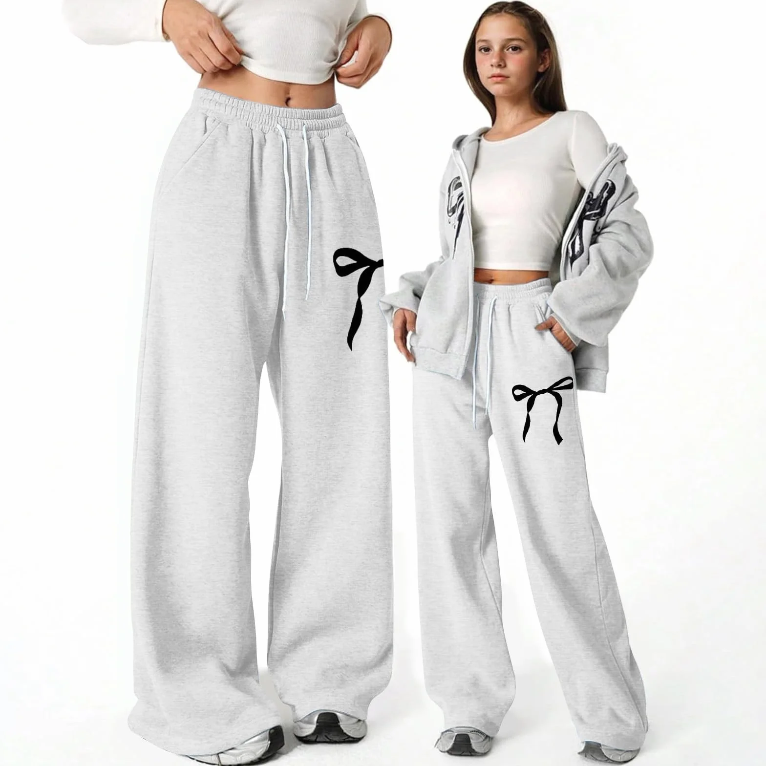 Pantaloni da Jogging con Fiocco per Ragazze Pantaloni Sportivi Leggeri con Gamba Dritta Tasche Ginnastica Pantaloni Ragazze Gamba Larga Elastico A Vita Alta