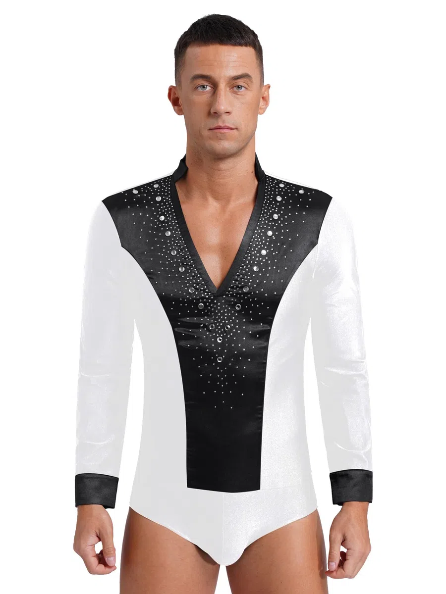 Jhaoyu Maglia da uomo con glitter latino, a maniche lunghe, con scollo a V, per ginnastica, tango jazz, danza