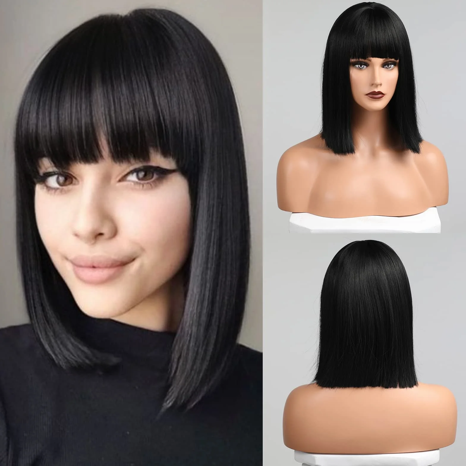 HAIRCUBE Parrucca Black Bob con Bangs, parrucca nera corta per le donne Dritto Bob parrucche resistente al calore Parrucca sintetica resistente al calore Daily Party Party Party Cosplay Uso 12 "