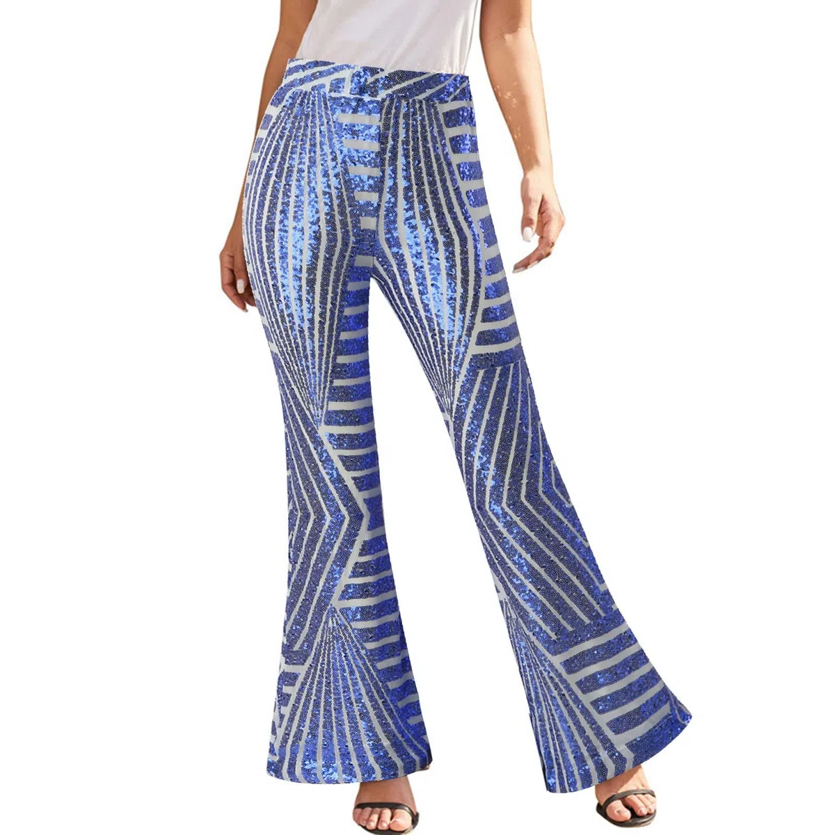 Generico Pantalone Paillettes Donna Pantaloni Eleganti Zampa vestibilità Comoda Completo Casual Brillanti Culotte Brillantini Pantaloncini Gamba Elegante Curvy