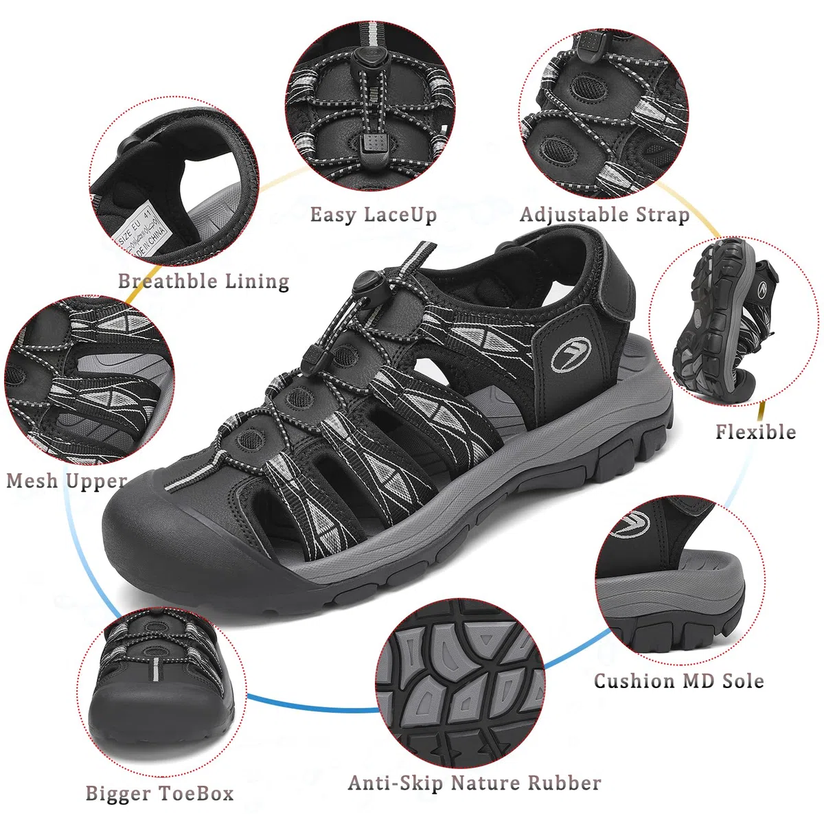 FLARUT Sandali Uomo Estivi all'aperto da Trekking Sportivi Punta Chiusa Scarpe Spiaggia Corsa Casual(Nero Bianco,45)