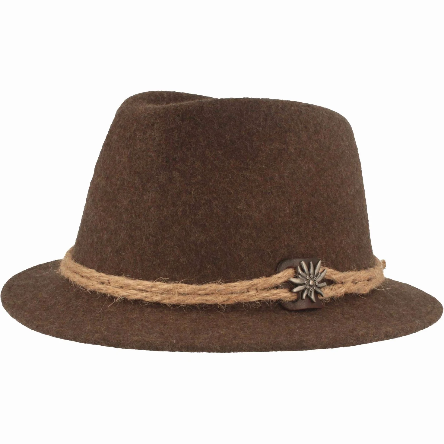 Breiter Cappello Uomo Tradizionale in Feltro Stile Tirolese 100% Lana Berretto Bavarese Cordoncino di Canapa Stella Alpina e Tesa Stretta Unisex