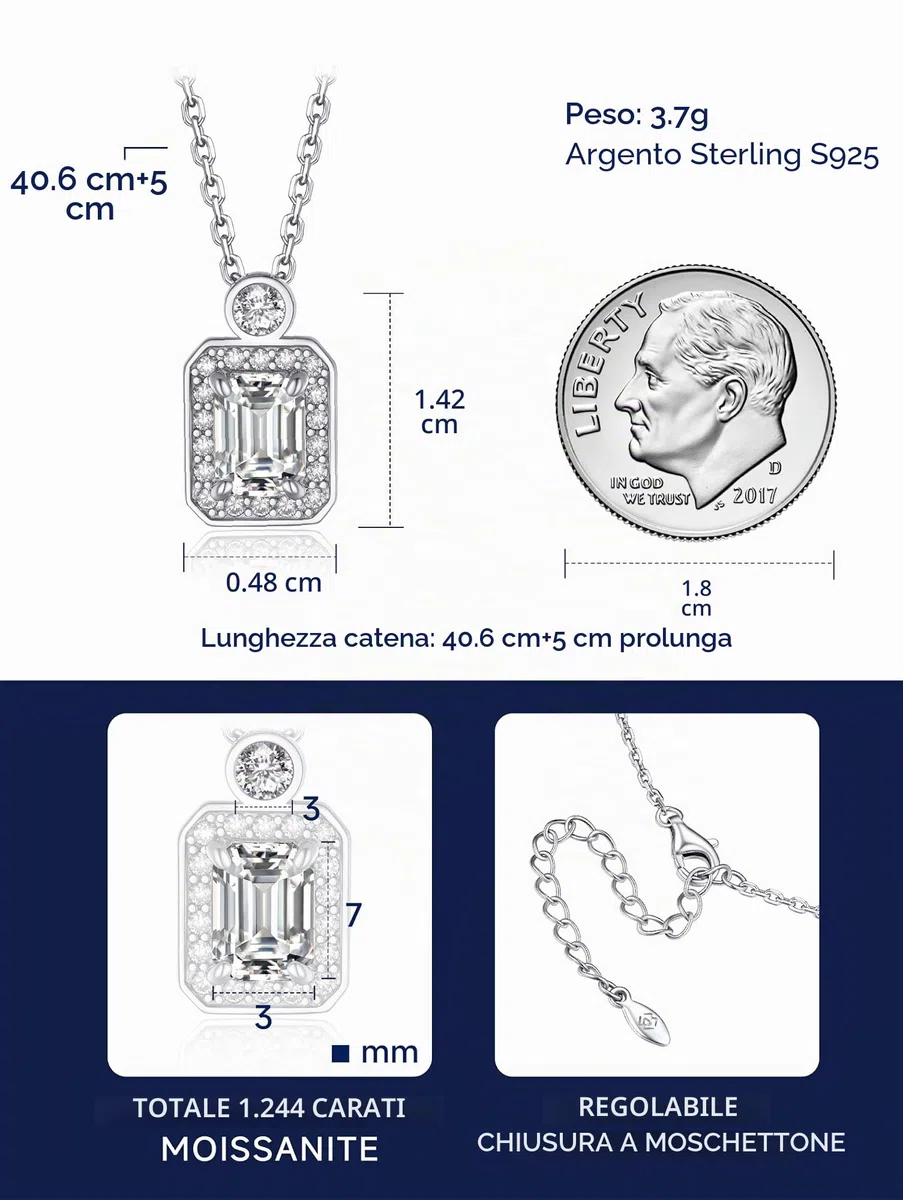 MomentWish Collana Punto Luce Donna, 1 Carato Moissanite Collana Donna Regalo Festa della Mamma Argento 925 Halo Pendente Regalo Compleanno Fidanzata