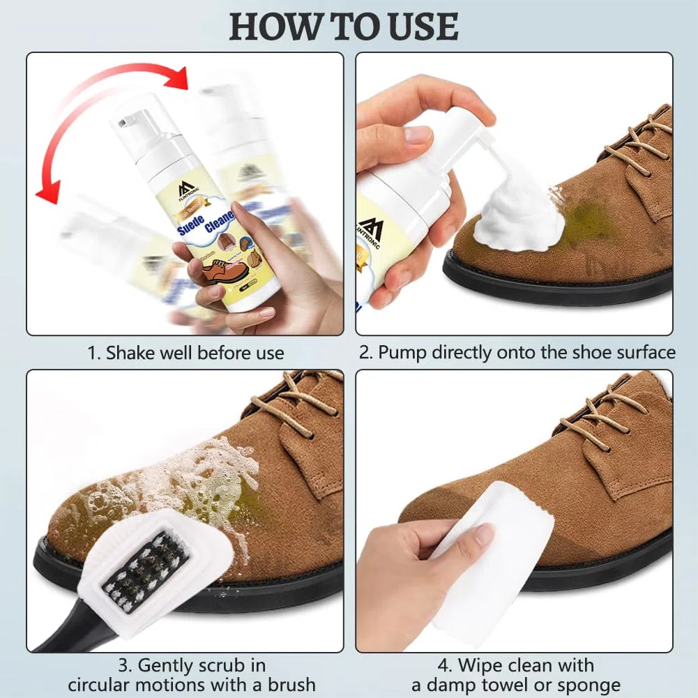 flintronic Set di 4 Kit Pulizia Scarpe, con 200ml Soluzione Detergente, Spazzola per Scarpe Scamosciate, Spazzola Morbida per e Panno
