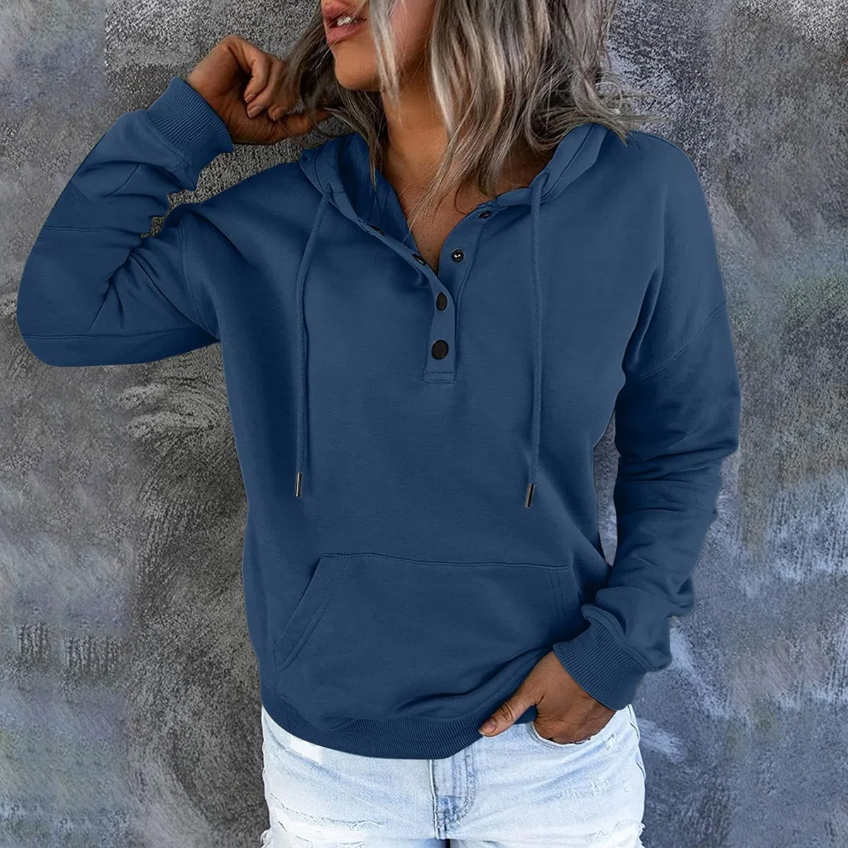Maglione da donna a collo alto, lungo, casual, da donna, con cappuccio, bottone, scollo a V, coulisse, felpa con cappuccio da donna, senza cappuccio
