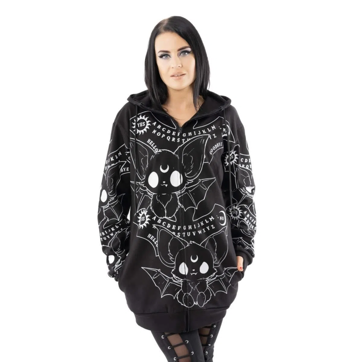 Heartless Felpa con Cappuccio Ouija Bats - Felpa con Orecchie di Pipistrello Gotico Nero, Stile Occulto Alternativo, Nero, 2XL