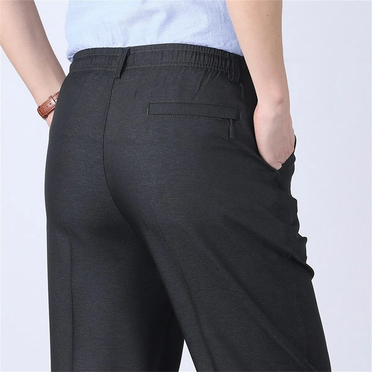 Pantaloni da uomo con elastico in vita per anziani, vita espandibile, pantaloni piatti sul davanti, vestibilità classica, pantaloni piatti sul davanti