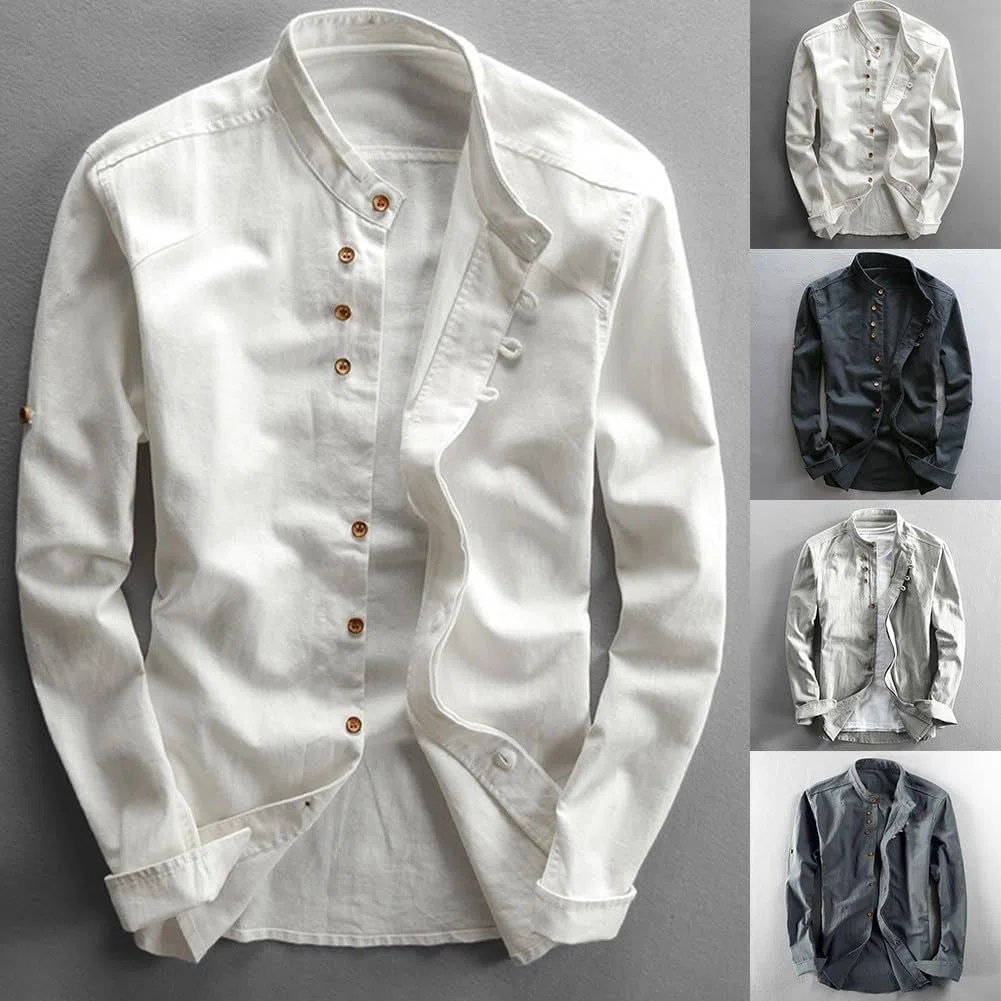 Camicia da uomo a maniche lunghe in cotone e lino, look professionale, con colletto alla coreana su misura (M, blu navy)