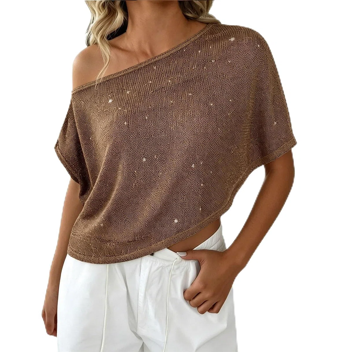 Poncho Da Donna Lavorato A Maglia Velata - Maglia Donna All'Uncinetto Spalle Esposte Maglione Scialle All'Uncinetto Scialle Monospalla Leggera Traspirante Camicetta Per Spiaggia O Tempo Libero