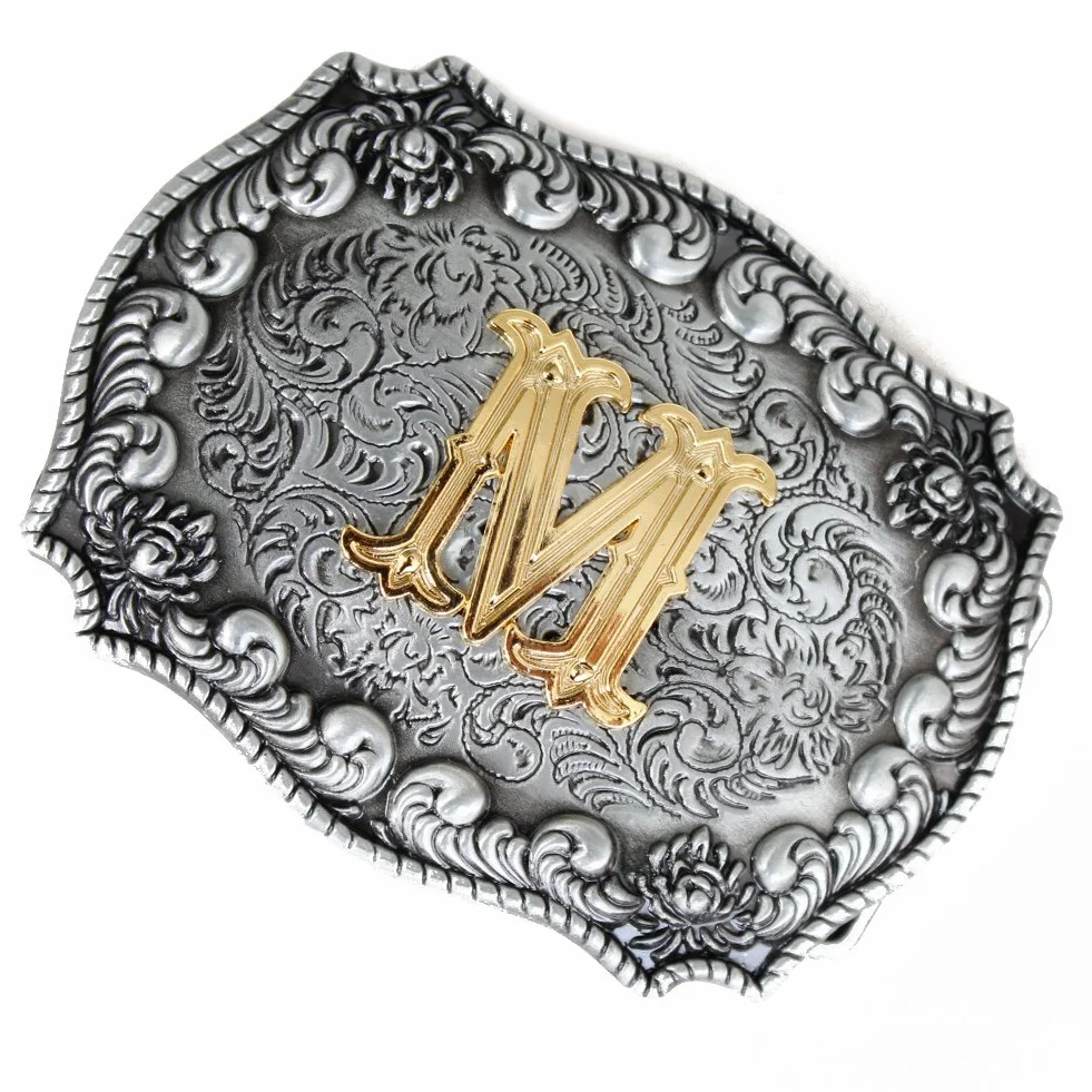 Fibbia per cintura da uomini, in stile cowboy, stile western, con iniziale incisa in 3D