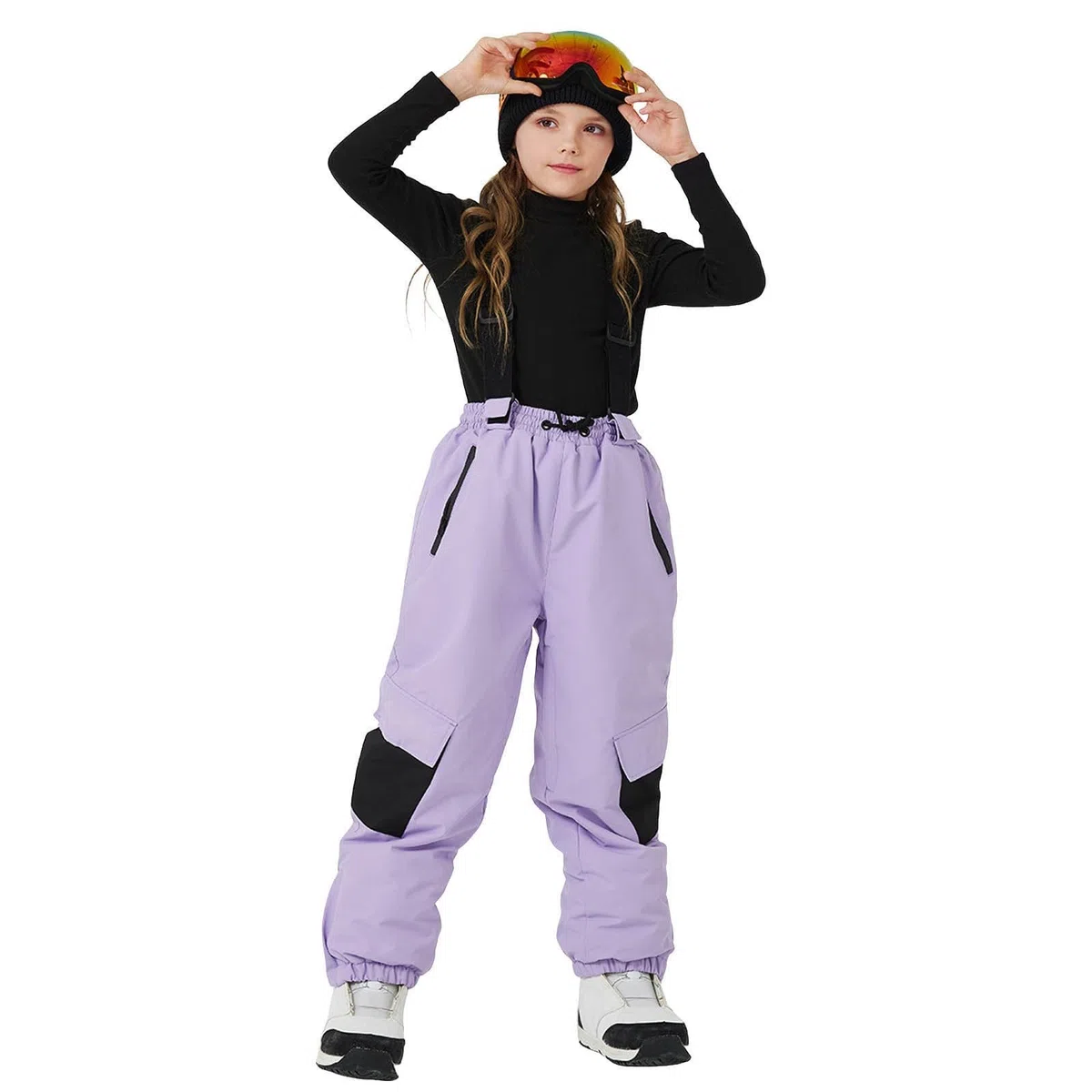 Pantaloni da sci per bambini, con calda imbottitura, con spalline, pantaloni da neve per ragazzi e ragazze, impermeabili, elastici, bretelle per snowboard, pantaloni da sci