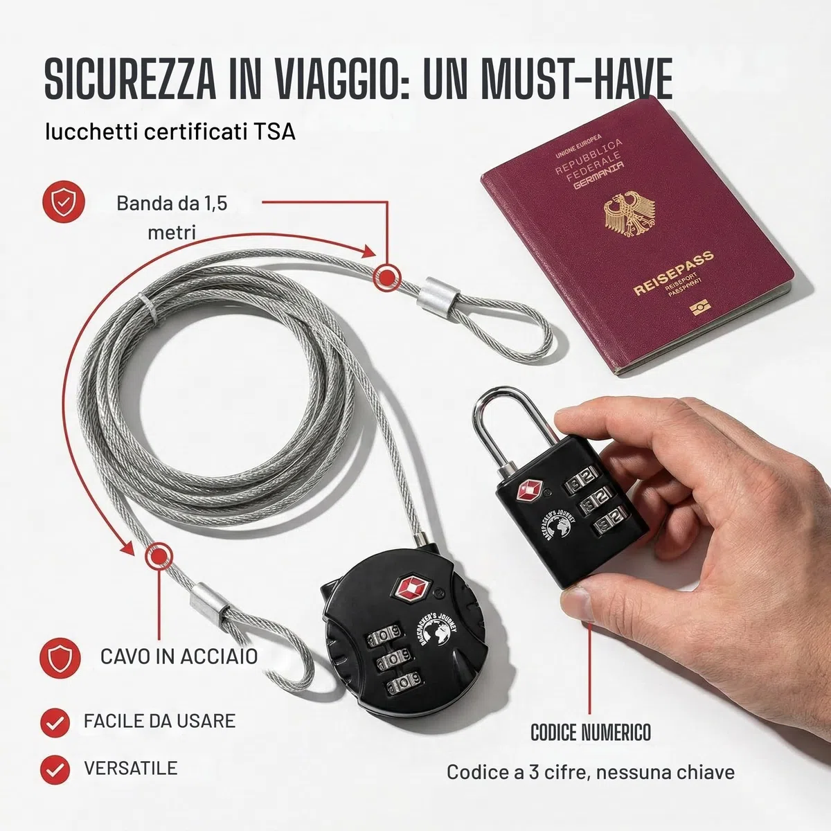 Backpacker's Journey TSA Set di lucchetti per bagagli. Ideale per backpacking, zaino, valigie e borse di qualsiasi tipo. Con nastro metallico per molteplici utilizzi