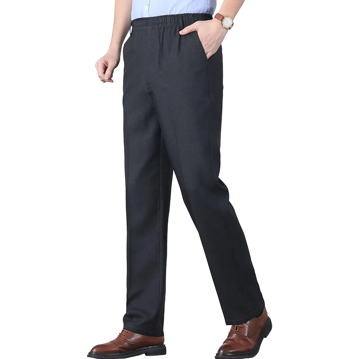 Pantaloni da uomo con elastico in vita per anziani, vita espandibile, pantaloni piatti sul davanti, vestibilità classica, pantaloni piatti sul davanti