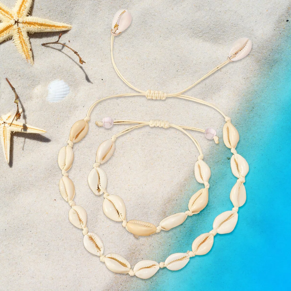 2 Pcs Bracciale Conchiglia, Regolabile Collana Conchiglie, Cavigliera Conchiglie, Accessori Mare Donna, Collana Estate, Stile Spiaggia Hawaiana, Per Uomo Donna