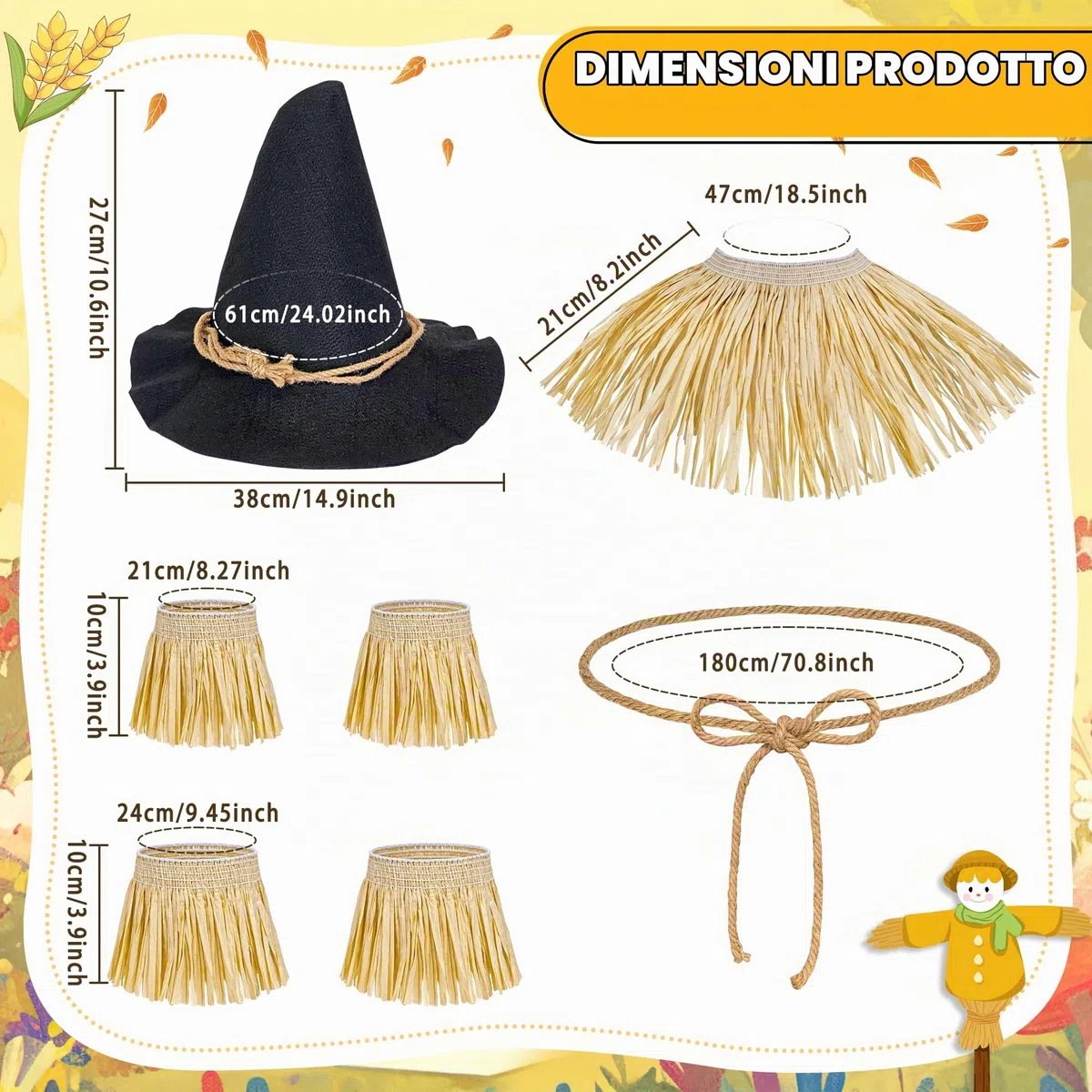 Horolam 7 Pezzi Accessori per Costume Da Spaventapasseri, Costume Da Mago Spaventapasseri Con Cappello per Adulti Donne Uomini per Halloween Cosplay Travestimento