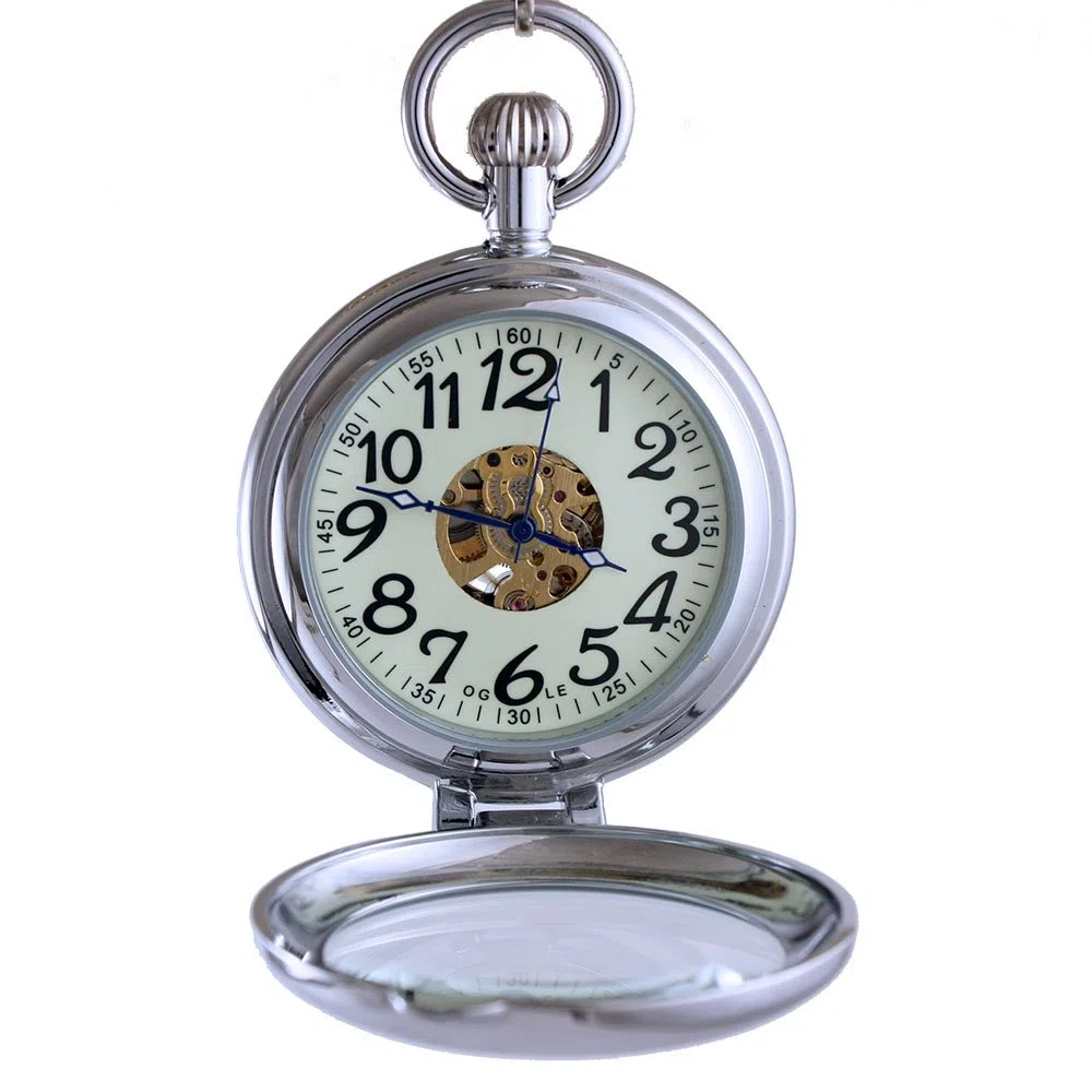 OGLE Orologio da tasca meccanico meccanico a catena luminosa a carica automatica scheletro mezzo cacciatori di scheletro automatico impermeabile