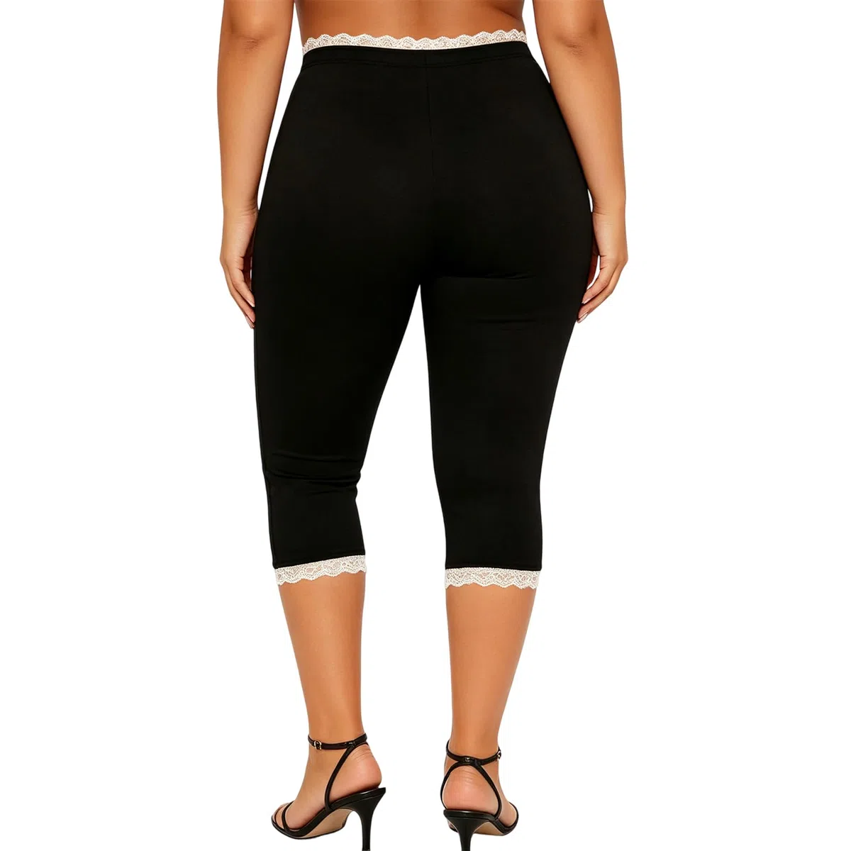 Leggings Capri con bordo in pizzo per donna a vita alta tinta unita slim fit pantaloni corti casual loungewear pantaloni