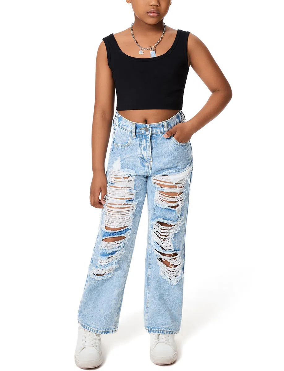 Maeau Jeans casual a gamba larga da ragazza con elastico in vita pantaloni in denim strappati larghi per bambini pantaloni in denim invecchiato vestibilità ampia