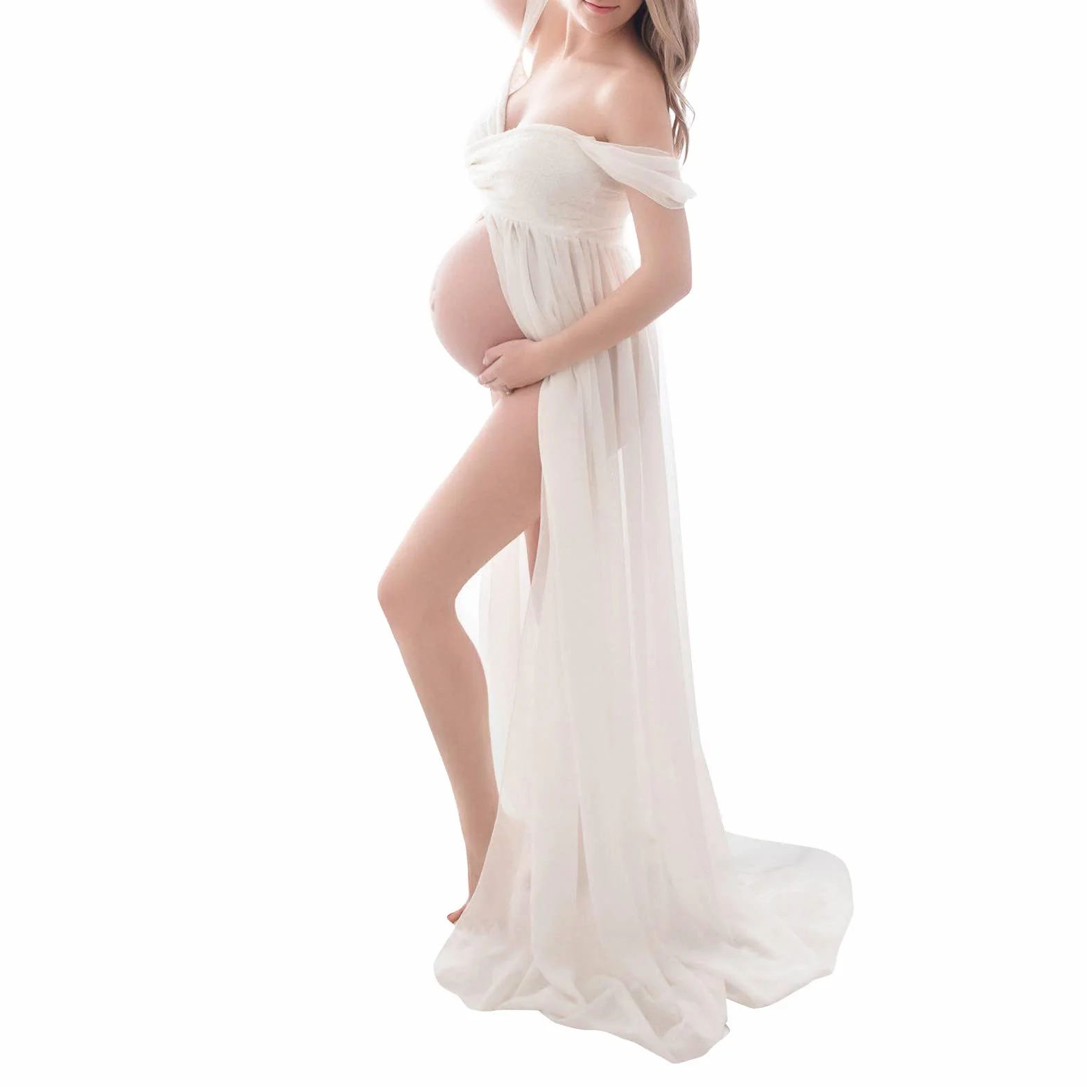 Vestito da gravidanza per servizio fotografico, abito premaman da donna, elegante, per feste, senza spalline, maxi abito split frontale, abbigliamento per maternità solido