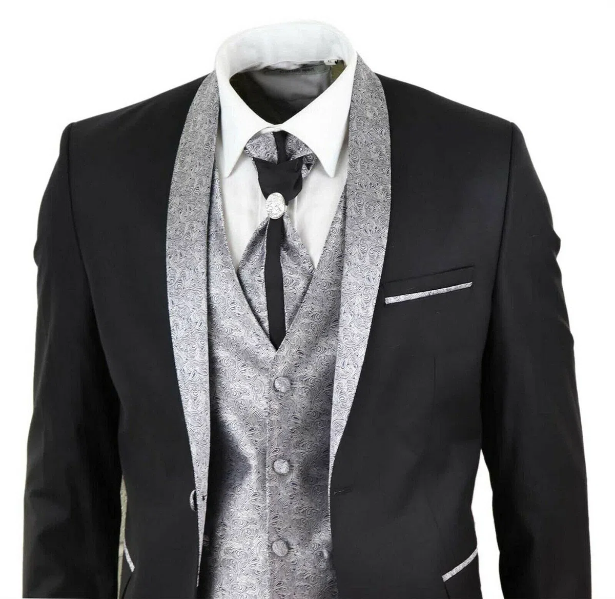 Tru Clothing Abito Completo Nero da Sposo con Chiusura a 2 Bottoni in 4 Pezzi con Colletto a Scialle e Cravatta, vestibilità su Misura, Stile Classico