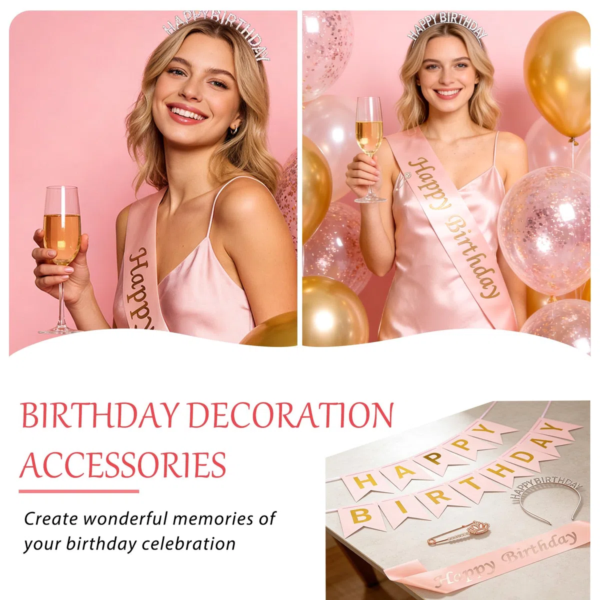 Kit Fascia e Coroncina Compleanno, Fascia e Corona Compleanno, Strass Tiara Corona, Fasce, Scritta Happy Birthday, Spilla Strass, per Ragazza Donna Decorazioni Compleanno Festa (Rosa)