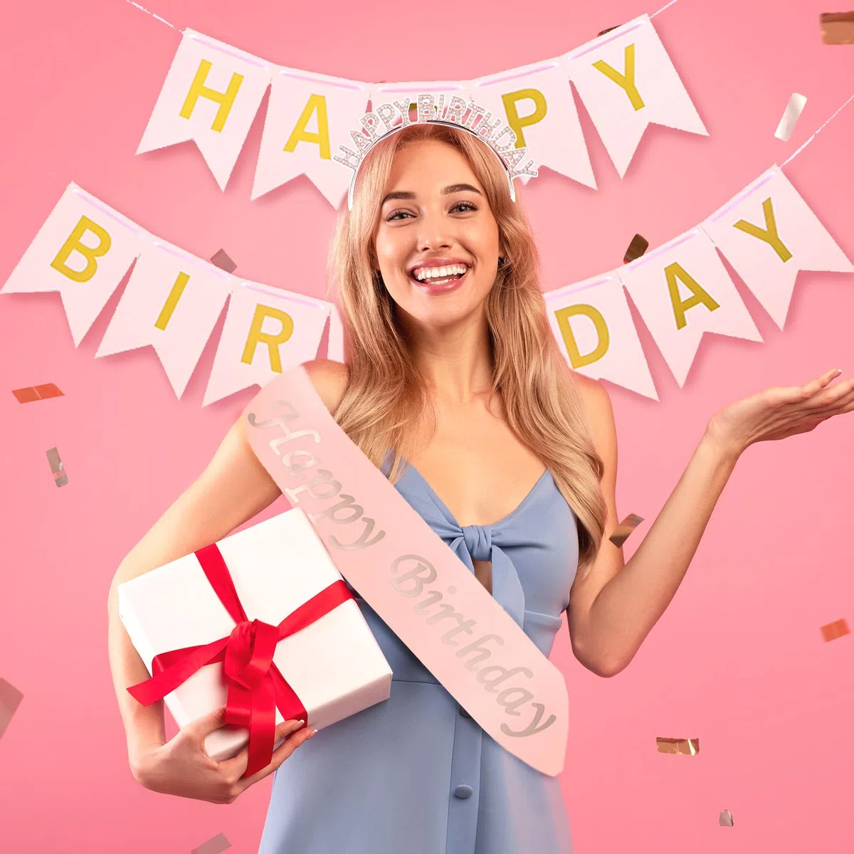 Kit Fascia e Coroncina Compleanno, Fascia e Corona Compleanno, Strass Tiara Corona, Fasce, Scritta Happy Birthday, Spilla Strass, per Ragazza Donna Decorazioni Compleanno Festa (Rosa)