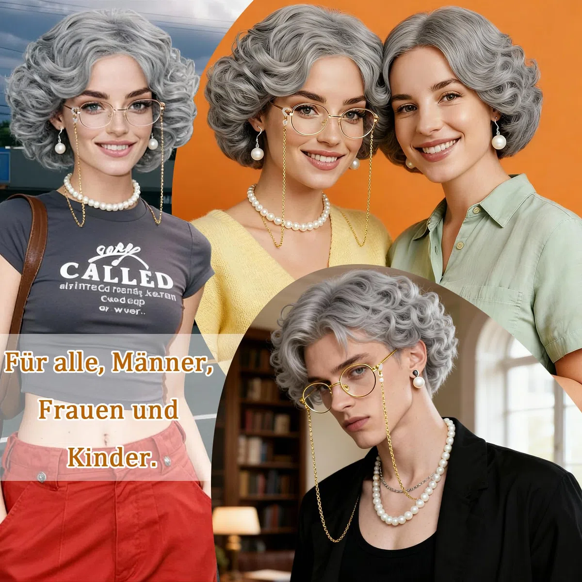 Set di 8 parrucche vecchie da donna, accessori per cosplay, collana di perle sintetiche e collane per occhiali, per Halloween, festa del libro del mondo, in maschera, carnevale