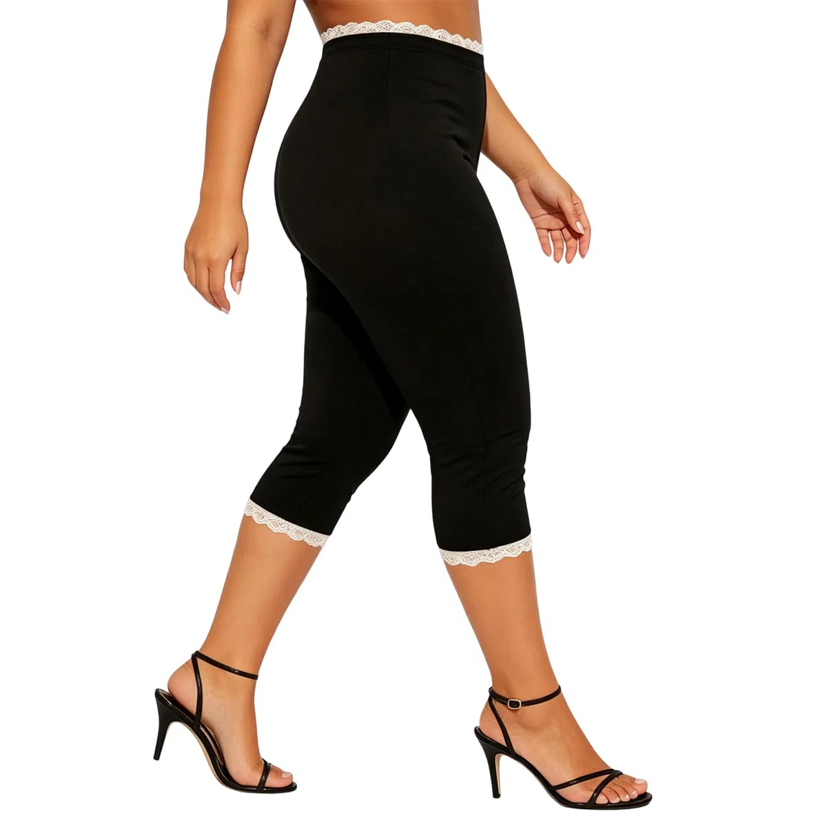 Leggings Capri con bordo in pizzo per donna a vita alta tinta unita slim fit pantaloni corti casual loungewear pantaloni