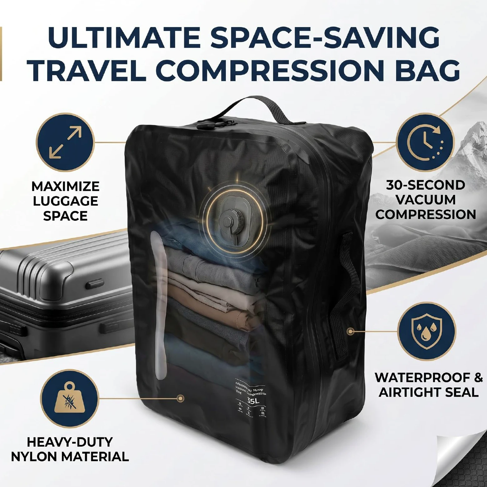 Ejoyous Sacco a Compressione Sottovuoto, Borsa da Viaggio in TPU e Nylon 210D da 35 Litri con Valvola Unidirezionale, Cerniera IP67, Organizer per Bagagli Riutilizzabile per Viaggi, Campeggio, (BLACK)