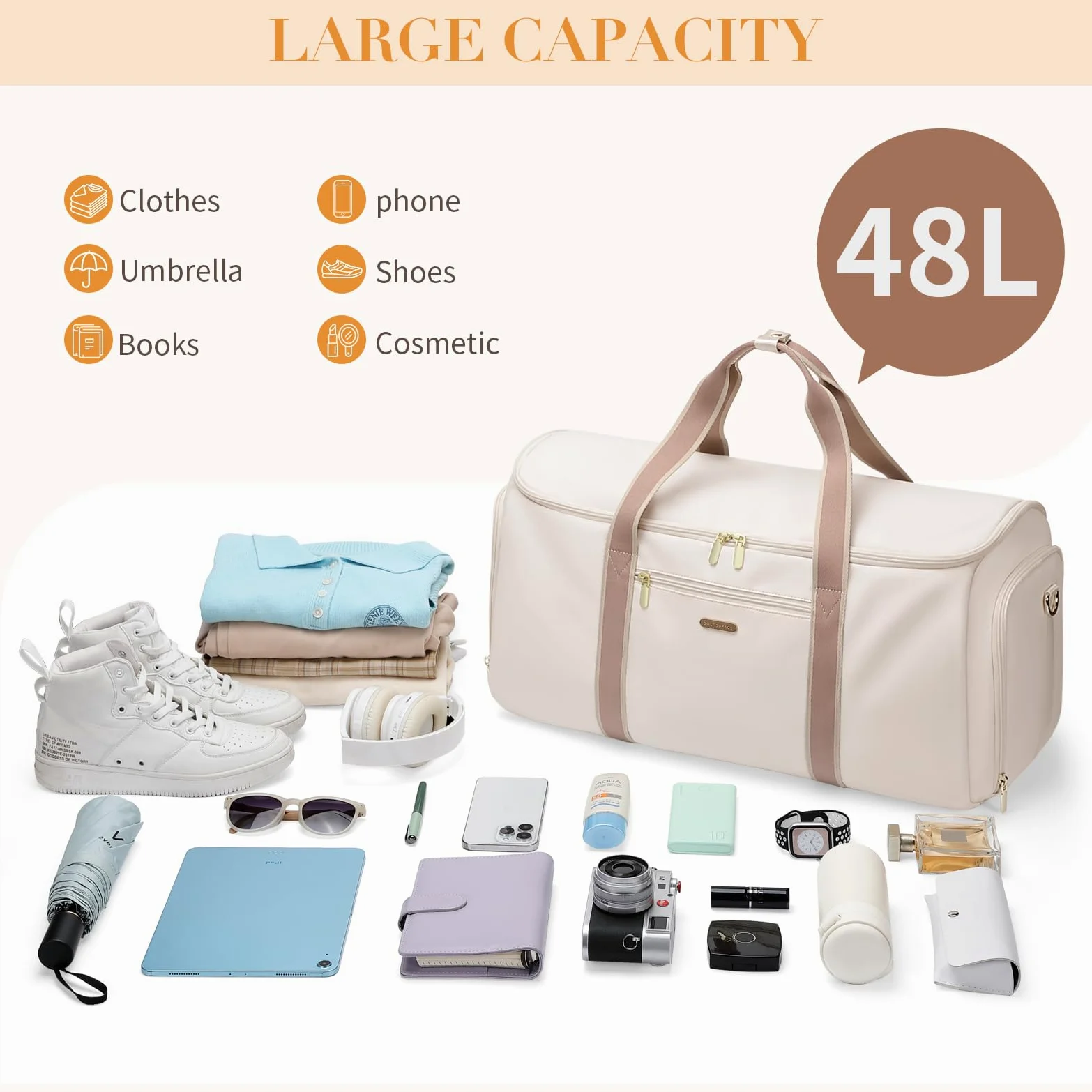Borsa da Viaggio Convertibile 2 in 1 Borsa Sportiva da Donna con Scomparto Scarpe Borsas Porta Abiti da Viaggio Borsas per Bagagli a Mano (Beige)