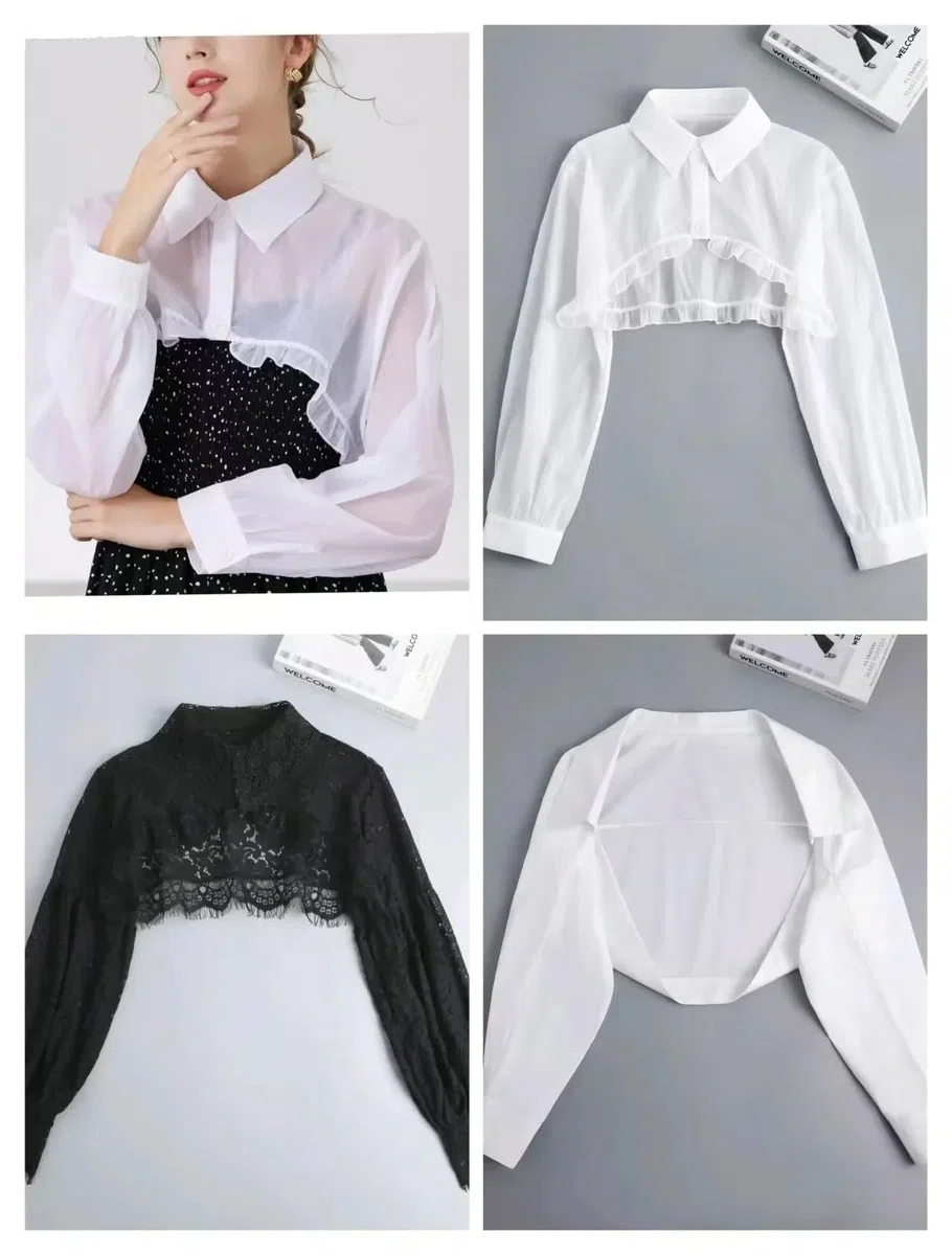 1 Pz Donna Manica Lunga Collare Finto Femminile Risvolto Bottone Imbottiture Mezza Top Camicetta Camicia Colletto Staccabile Autunno Maglione Falso per Maglioni