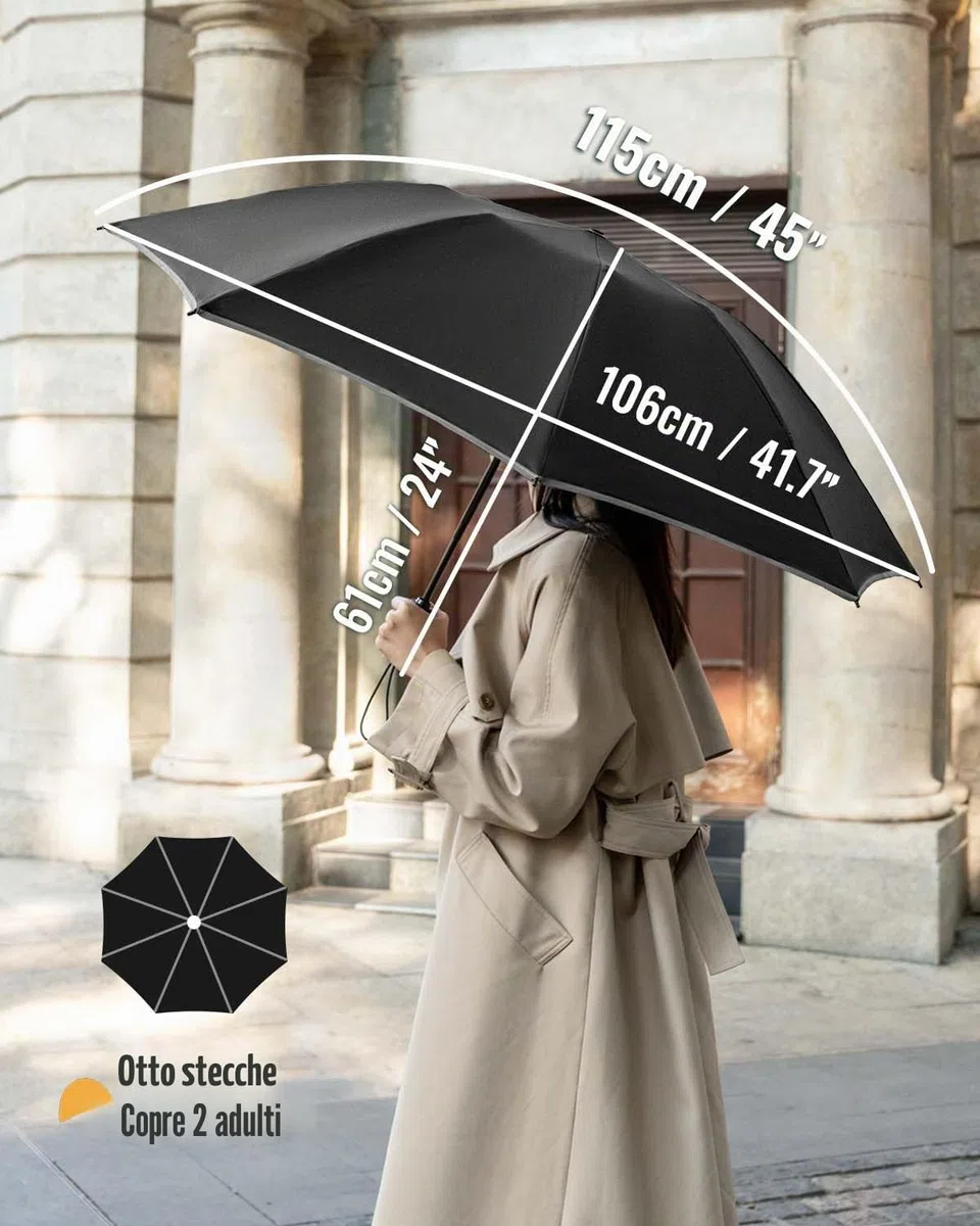 Ombrello Pieghevole Pioggia da Viaggio con strisce riflettenti - Ombrelli inverso Portatile per uomo e donna Automatico Apri Chiudi, Rivestimento in 210T Apertura 105 cm 8 Stecche