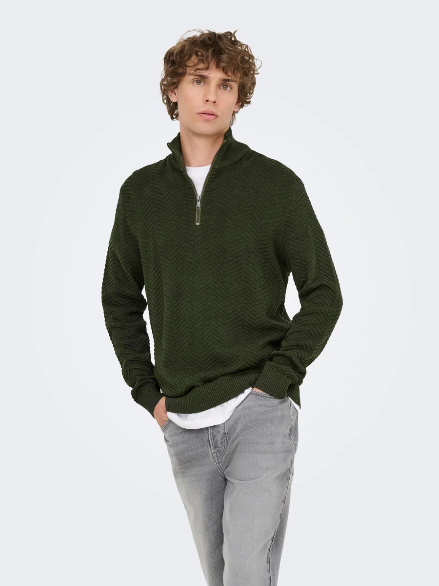 Only & Sons Onsmace Reg 12 Herringbon-Maglia a Mezza Zip Uomo