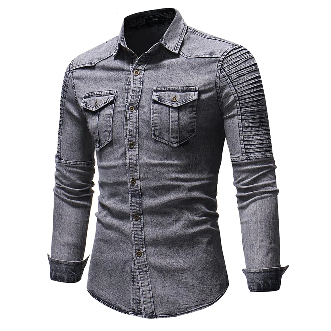 Camicia da lavoro casual da uomo in cotone a maniche lunghe con tasche frontali sul petto a due bottoni