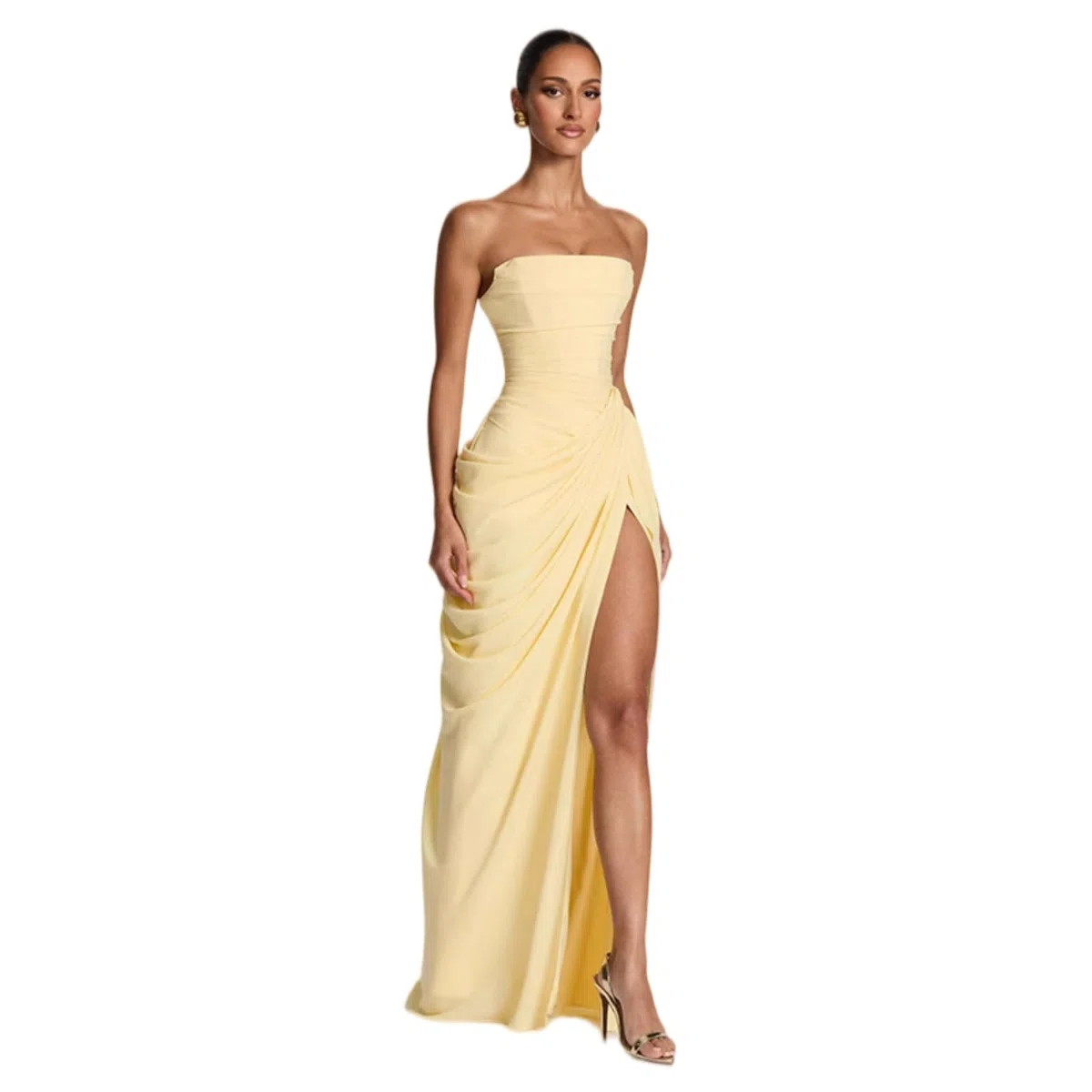 Vestito Elegante Abito da Festa Senza Cinturine Donna - Split Maniche Piegato in Vita per La Primavera, Sera E Gli Eventi Speciali-Yellow-s