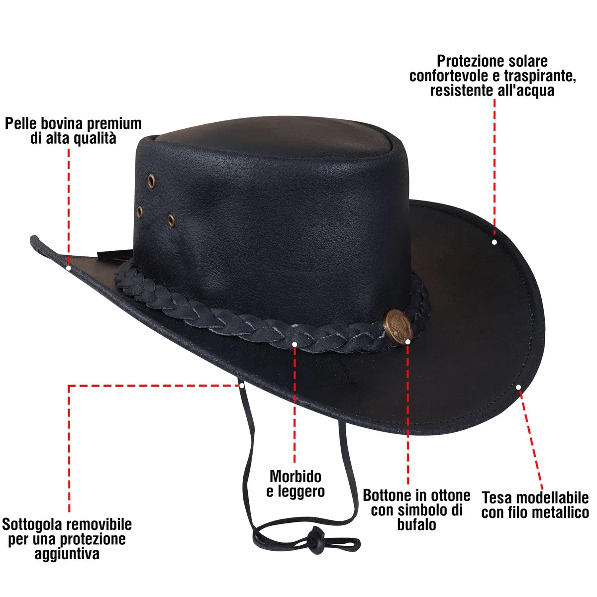 URBAN 5884 Cappello da Cowboy in Vera Pelle Plain, Cappello Western Uomo/Donna in Vera Pelle Bovina, Tesa Modellabile e Sottogola Regolabile