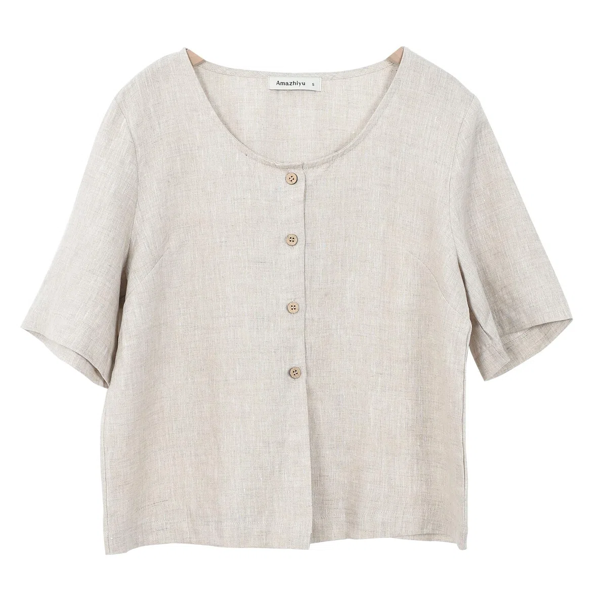 Amazhiyu Camicetta da donna in 100% lino, girocollo, manica corta, abbottonatura