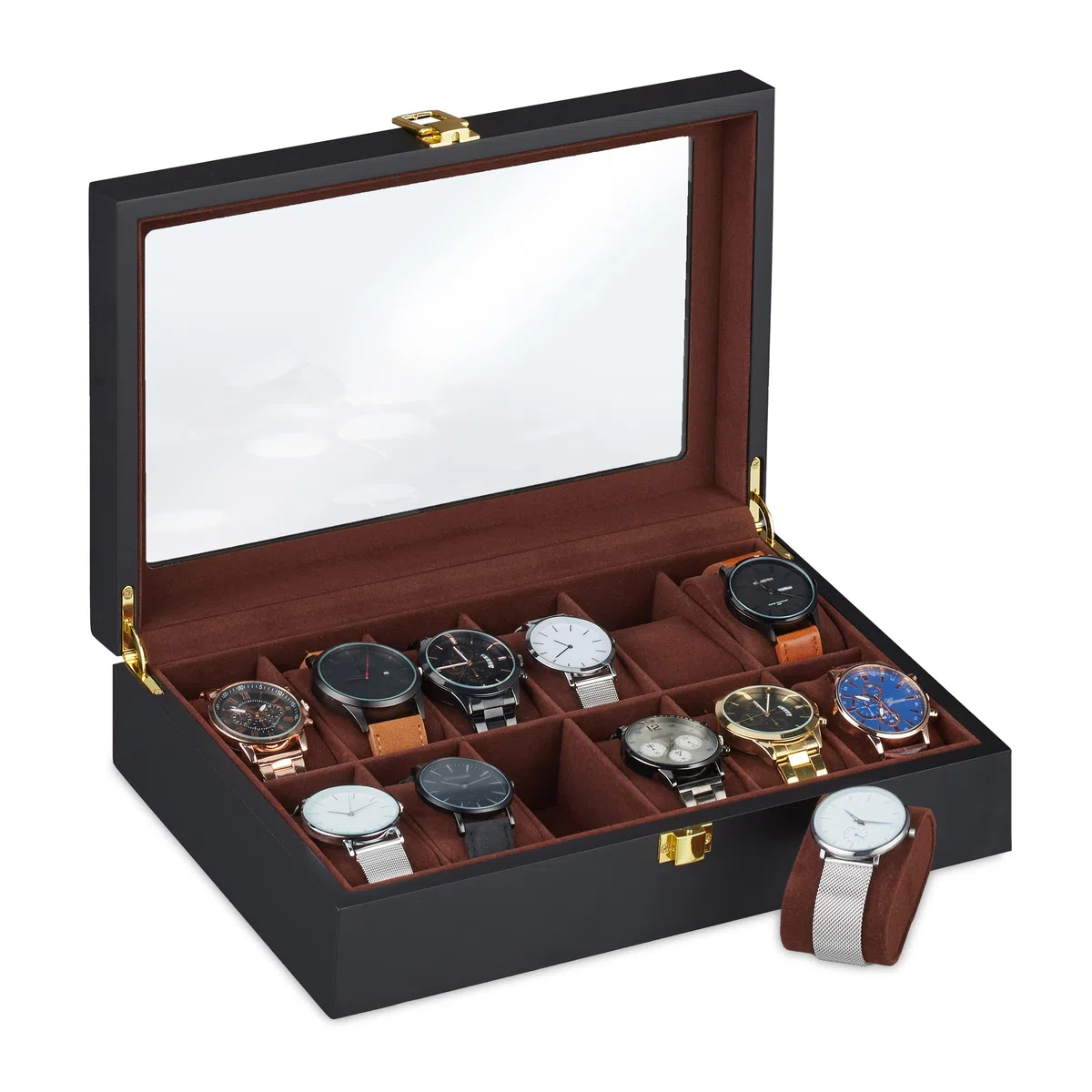 Relaxdays Porta Orologi, 12 Scomparti, Finestrella in Vetro, Cuscini in Velluto, 8,5x31,5x21 cm, Cofanetto, Nero Marrone