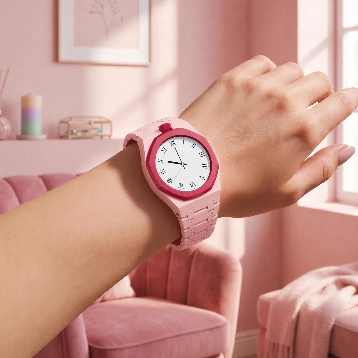 HTU Set di cinturini con cassa in ceramica, passa al di braccialetti in biomateriali per orologi da uomo e da donna, accessori di ricambio per il tuo orologio-Rosa