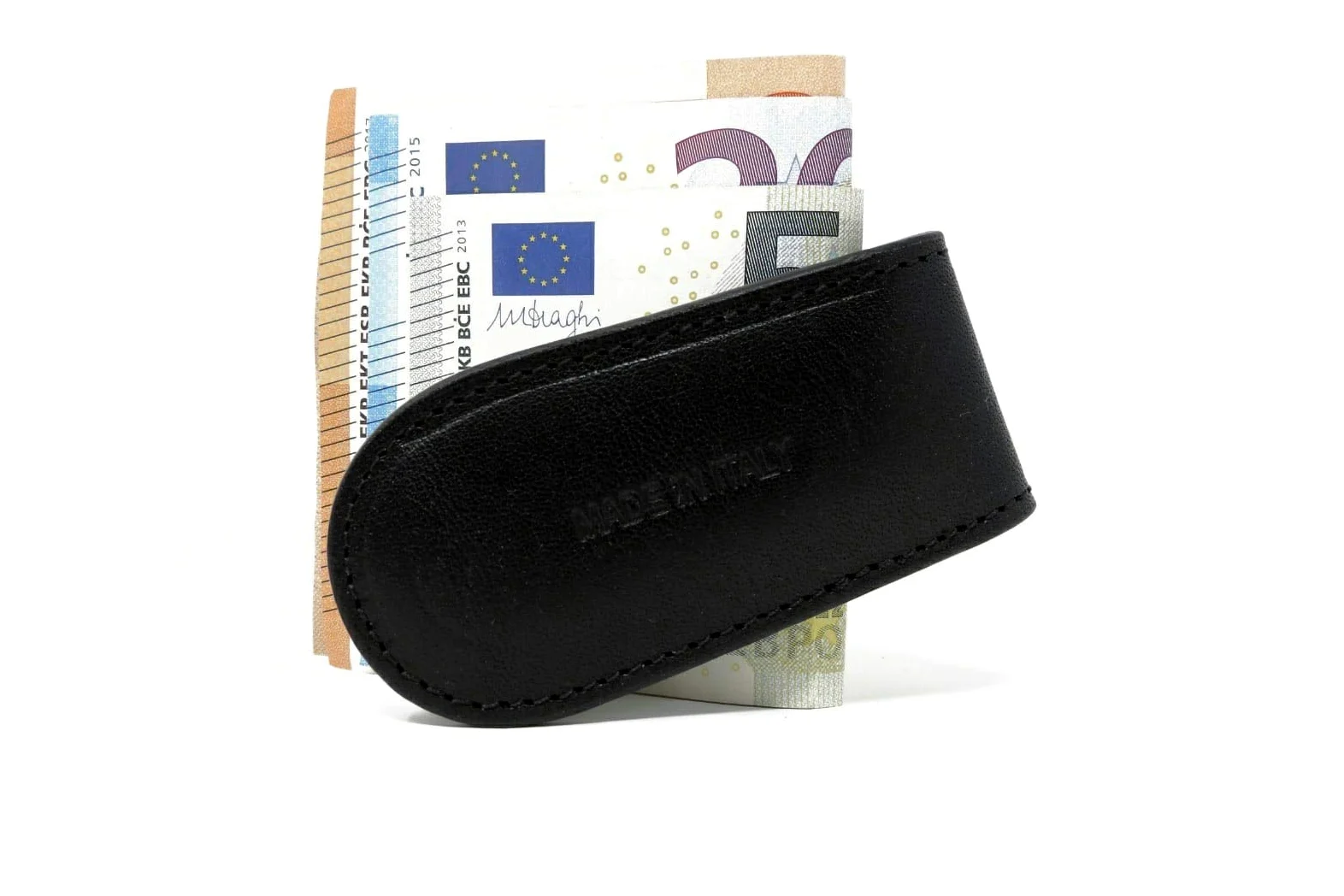 Mauro Pelletteria, Fermasoldi Uomo Magnetico in Vera Pelle, con Calamita Portabanconote e Carte di Credito, Doppie Cuciture, Made in Italy (Nero)