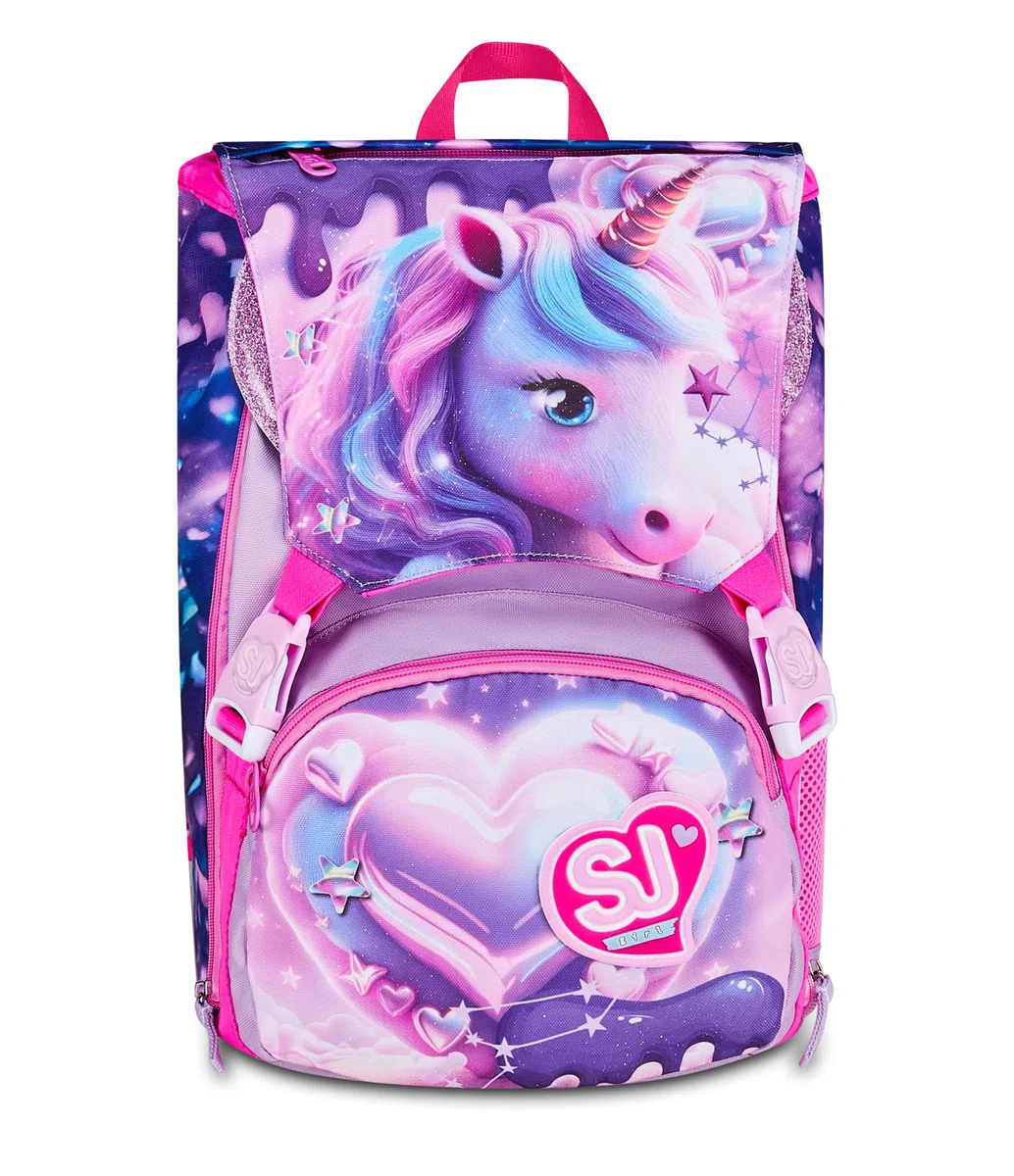 SJ GANG STYLE JAM GANG Zaino Scuola Estensibile PIXIE UNICORN, Rosa, 24L, Zip Laterali, Ali a scomparsa, Pattina scintillante, Tasca frontale, Tasca laterale portaborraccia, Scuola elementare, Bambina