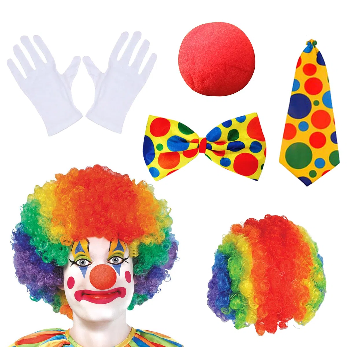 Lithyc Set Costume da Clown 5 Pezzi con Parrucca Colorata, Naso, Papillon, Cravatta E Guanti per Adulti, Carnevale Donna Pagliaccio