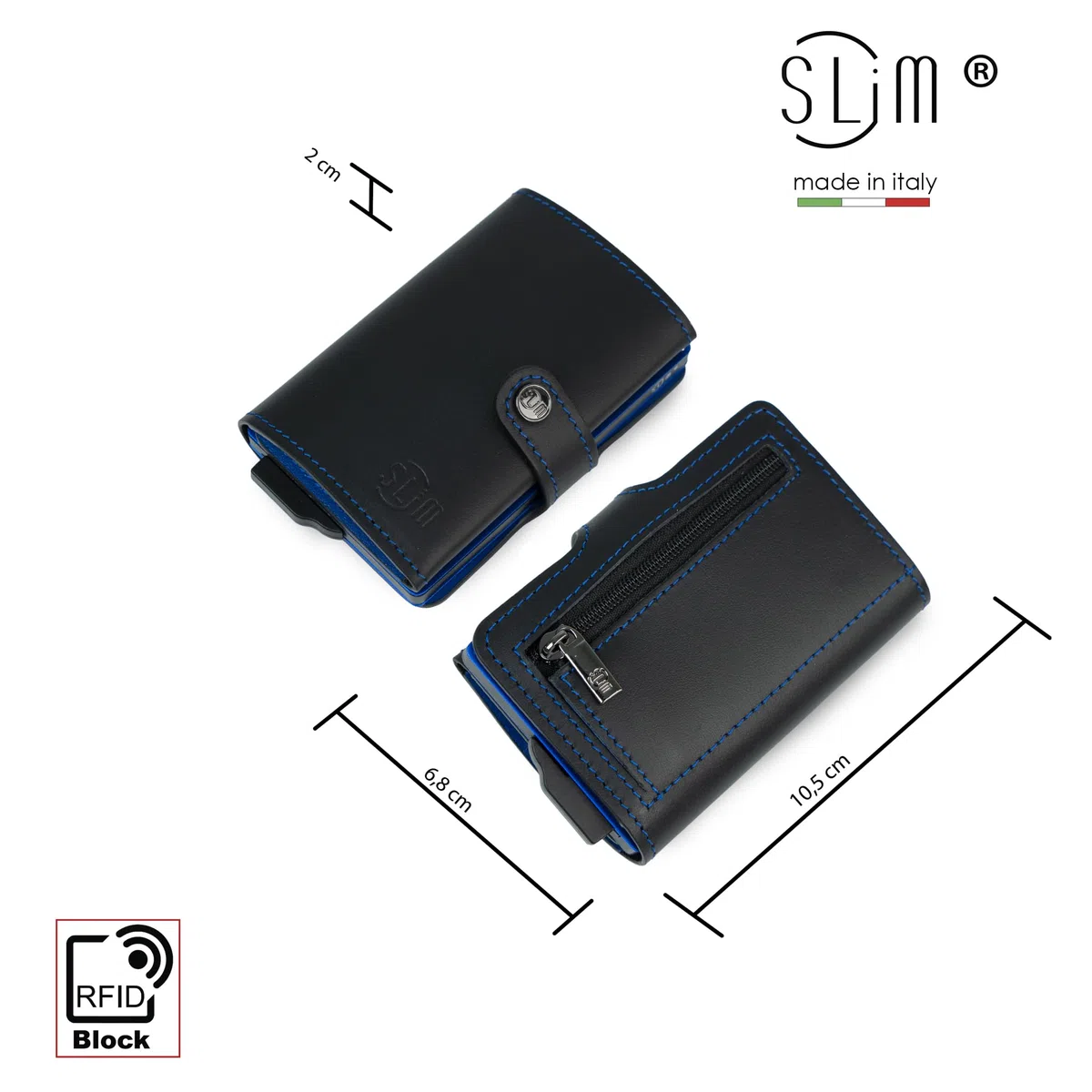 SLim Portafoglio Personalizzabile Porta Carte di Credito Schermato Portacarte Anticlonazione Uomo Donna Personalizzabile (Nero e Azzurro con Zip)