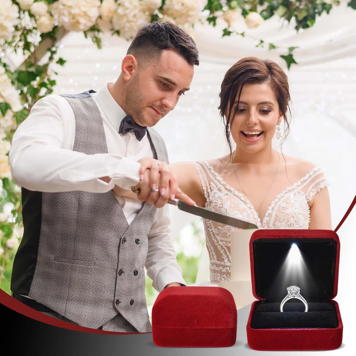 Scatola per Anelli con LED, illuminata, in velluto, con display ad anello, scatola regalo, scatola con luce LED, scatola per Anelli Piatta, per Matrimonio (Blu)