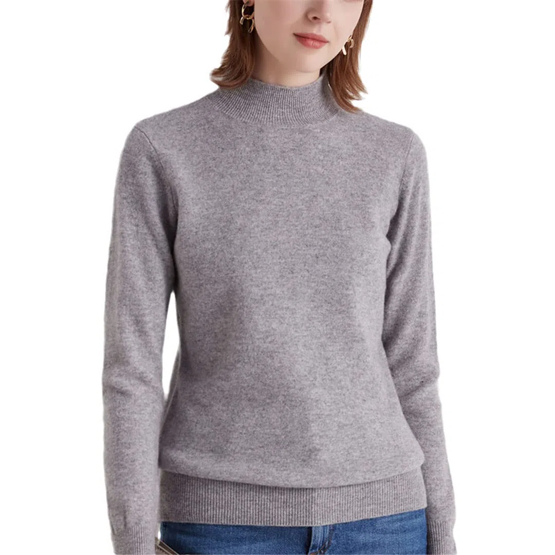 Maglione da donna in cashmere mezzo collo alto autunno inverno pullover pigro stile maglia maglia maglione di lana, grigio, XXL