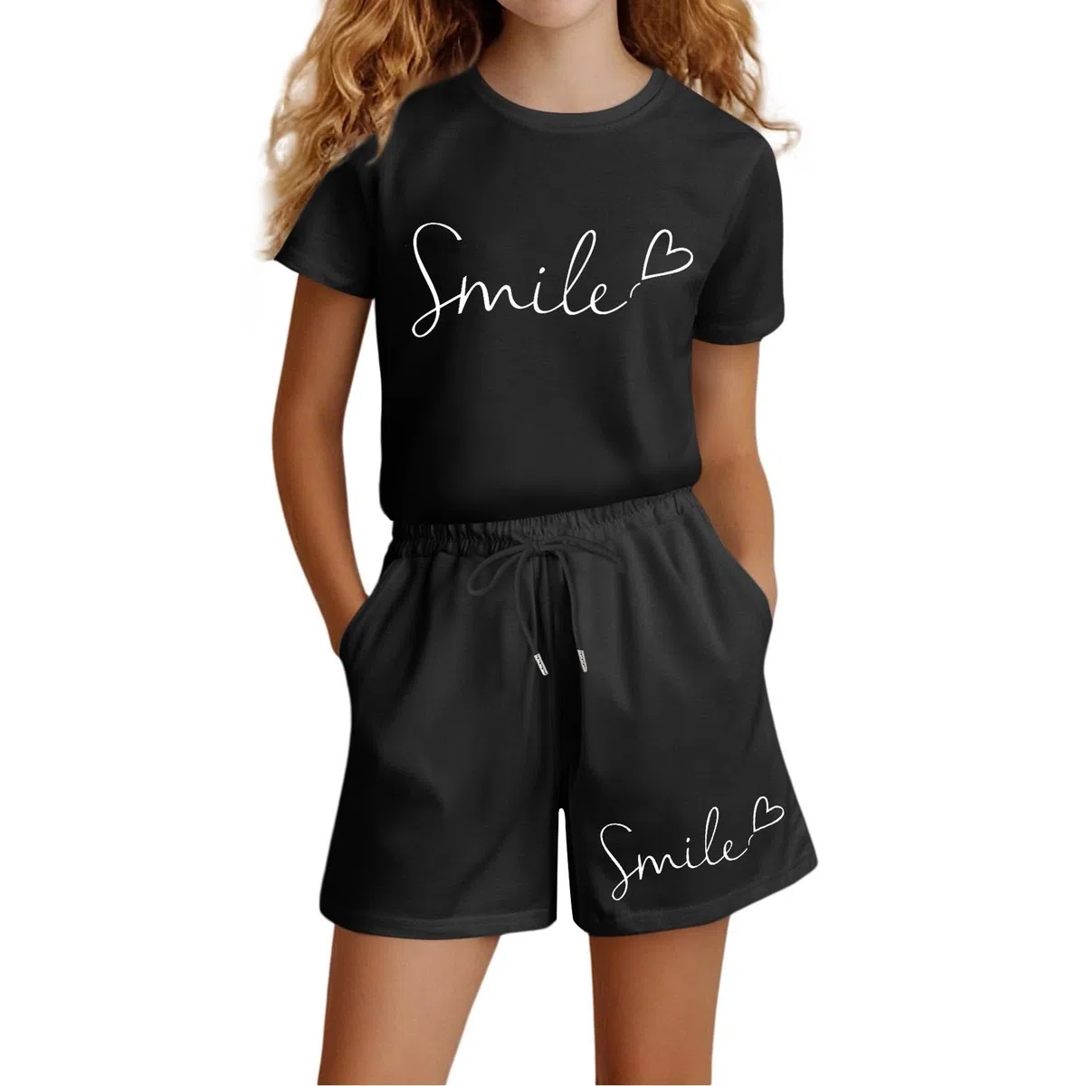 Generico Completo Bambina 2 Pezzi Maglietta Manica Corta e Pantaloncini Corti Set Estivo Ragazza Tuta Sportiva Casual con Scritta Smile Look Moderno e Dinamico per Tempo Libero