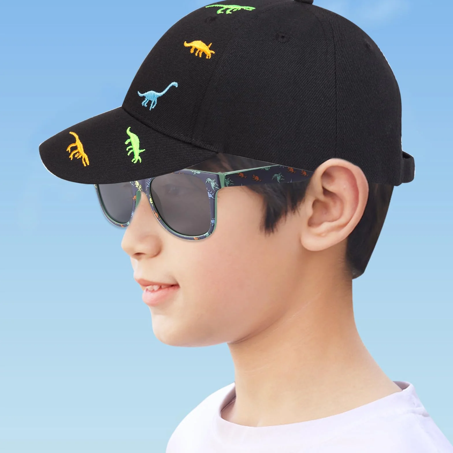 Cappello Bambino e Occhiali da Sole Bambino Set, Dinosauro Cappellino da Baseball, Cappellini da Baseball per Bambini, Occhiali da Sole Bambini con Protezione UV, per Bambina 3-8 Anni