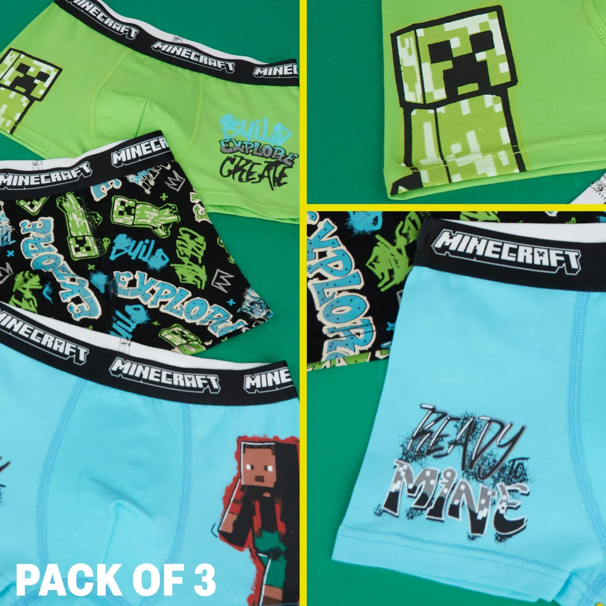 Get Trend - Minecraft 3 Pezzi Boxer Bambino e Ragazzo 7-14 Anni, Mutande Intimo, Elastico in Vita e Traspirante, Creeper Regalo Bambino