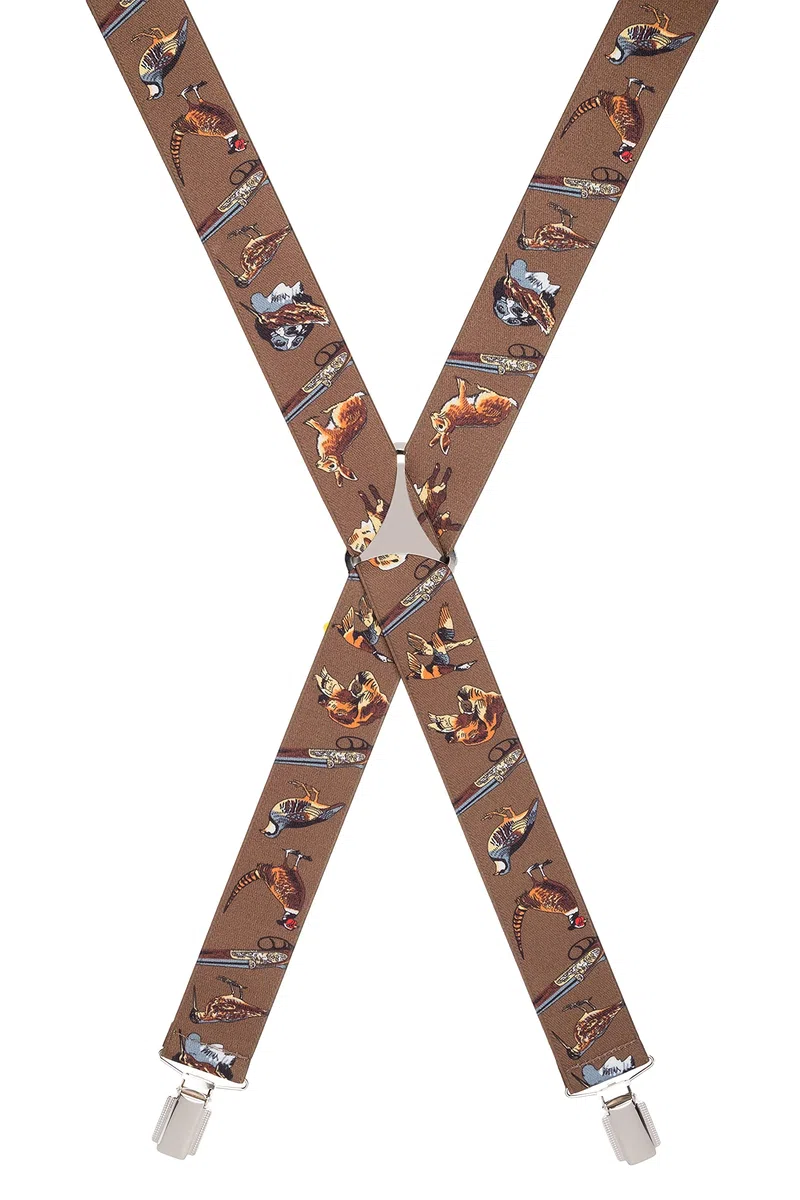 Bretelle per pantaloni da campagna, larghezza 35 mm, elastiche, 4 clip oro o argento, design e dimensioni assortite, per pesca, cervi, caccia, fagiani a tema