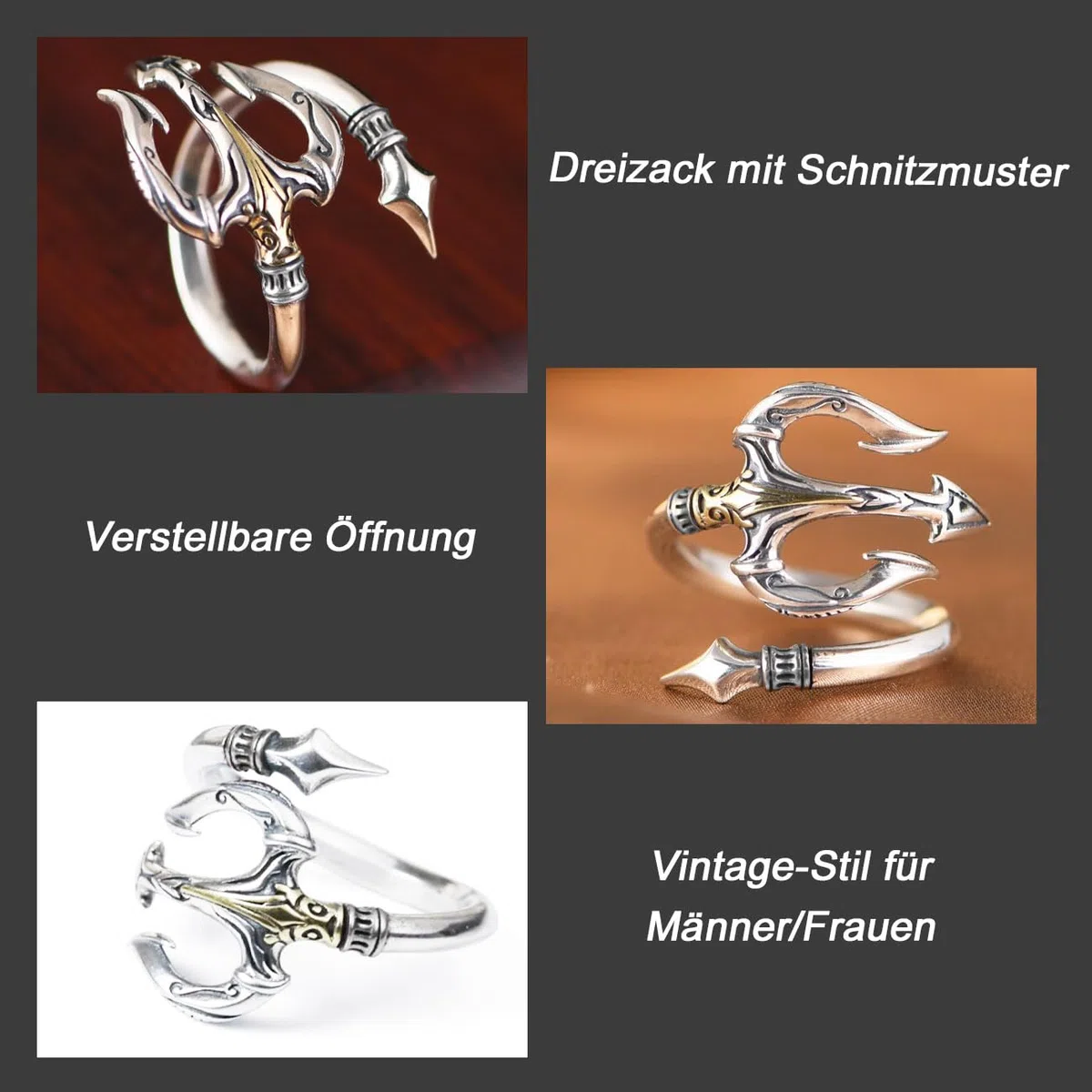 Anello vichingo da uomo regolabile con motivo a tridente, gioiello aperto retrò punk hip hop gotico, Vintage unisex, regalo di compleanno/natale per uomini, ragazzi, signore